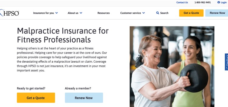 HPSO webpage showing malpractice insurance for health coaches and fitness professionals, offering protection against lawsuits and claims related to professional practice.