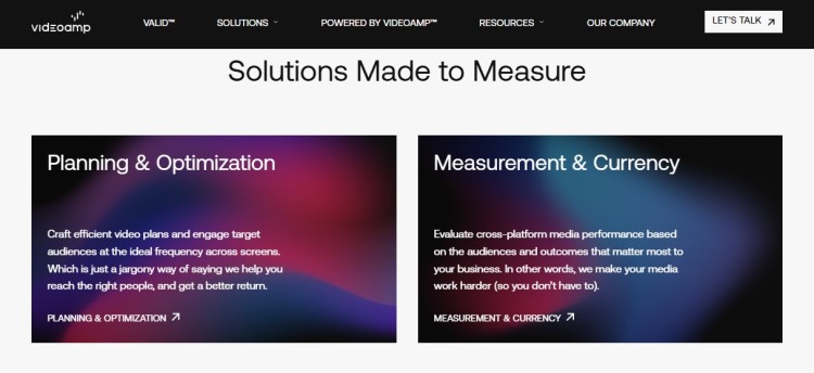 Two VideoAmp solution panels showing planning, optimization, and measurement tools designed to increase ROI across media campaigns