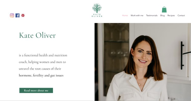 Photo of Kate Oliver on her website, presented as a certified nutrition coach who helps women and men address hormone, fertility, and gut issues.