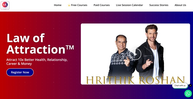 Homepage banner promoting a law of attraction program featuring Hrithik Roshan, used as marketing to attract students seeking better health, relationships, career, and money.