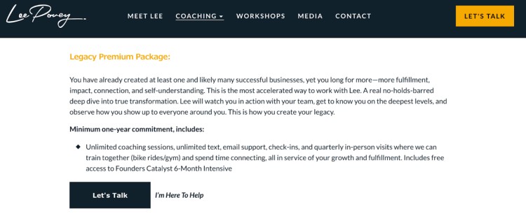 Lee Povey’s Legacy Premium Coaching Package helps entrepreneurs and leaders perform at your best through unlimited coaching, in-person sessions, and deep personal transformation.