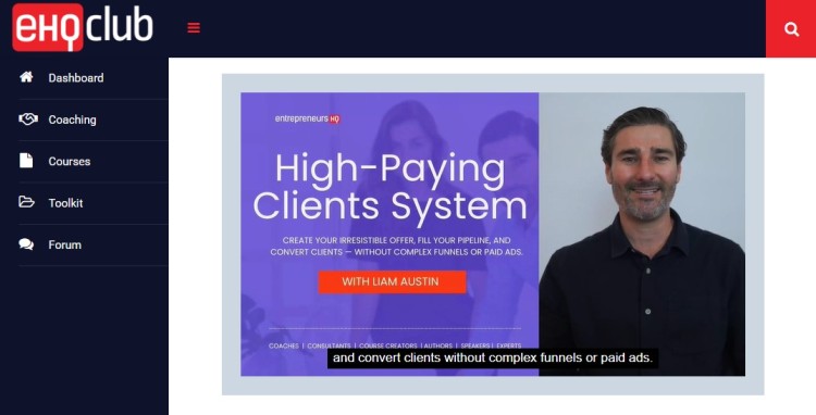 Screenshot of Liam Austin teaching the High-Paying Clients System inside EHQ Club, showing how coaches can use marketing tools to create offers and convert clients.