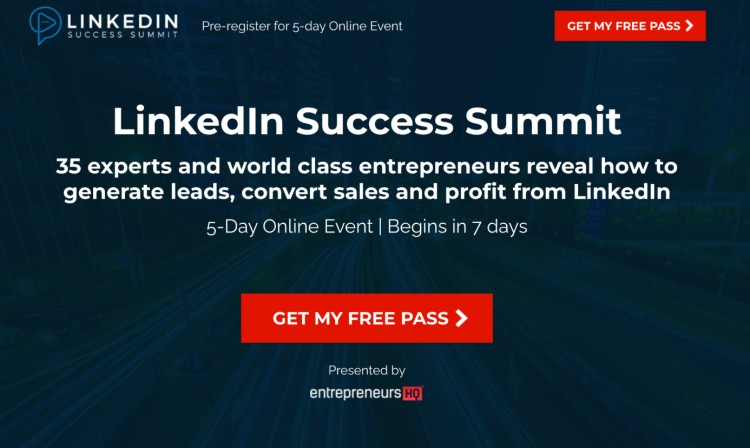 Promotional banner for the LinkedIn Success Summit showing details about the 5-day online event that reveals how to generate leads and profit from LinkedIn, emphasizing when the event takes place.
