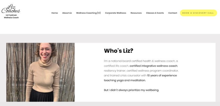 Homepage section introducing Liz Frydman, a successful wellness coach with certifications in integrative wellness, life coaching, and yoga instruction.