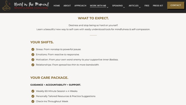 Mindfulness coaching expectations page acting as a guide showing shifts, weekly sessions, and support features.