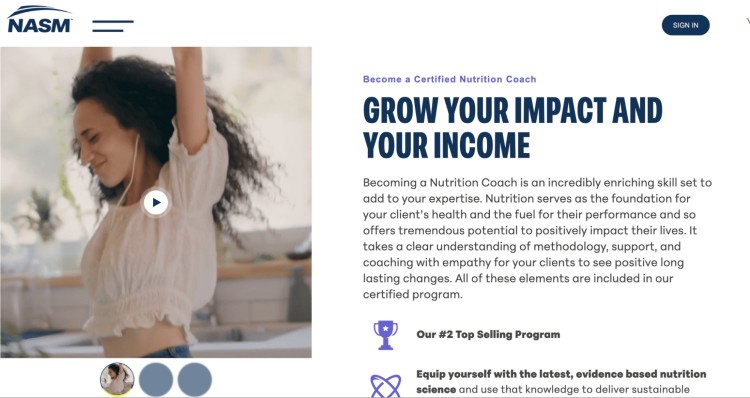 NASM webpage highlighting the Nutrition Coach program, encouraging future coaches to get a certification that helps them grow their impact and income through evidence-based nutrition training.