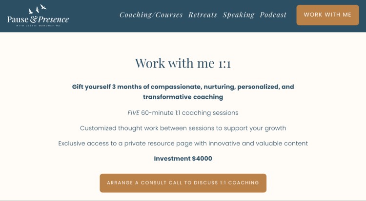Screenshot of a Pause & Presence coaching offer outlining a 1:1 program and how the coach plans to work with clients through personalized sessions.