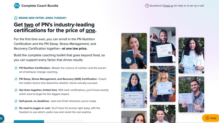 Precision Nutrition’s Complete Coach Bundle page showing students holding certificates, highlighting that the bundle includes two of the top nutrition certifications on the market.