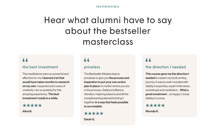 Positive testimonials from alumni sharing their experiences with the bestseller masterclass, highlighting investment value, inspiration, and direction gained.