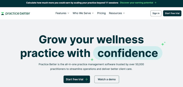 Homepage of Practice Better showing its wellness-focused tools for practitioners, highlighting it as another online coaching platform designed to streamline client management and business growth.