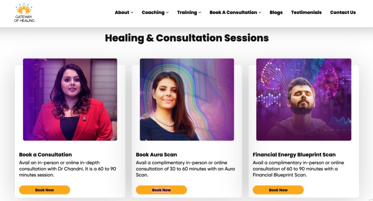 Professional healing and consultation sessions image showing options for booking a consultation, aura scan, and financial energy blueprint scan with practitioners.