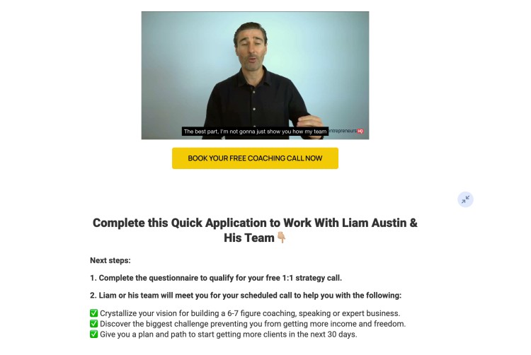 A screenshot of a coaching application page inviting a prospect to book a free 1:1 strategy call with Liam Austin and his team at Entrepreneurs HQ.