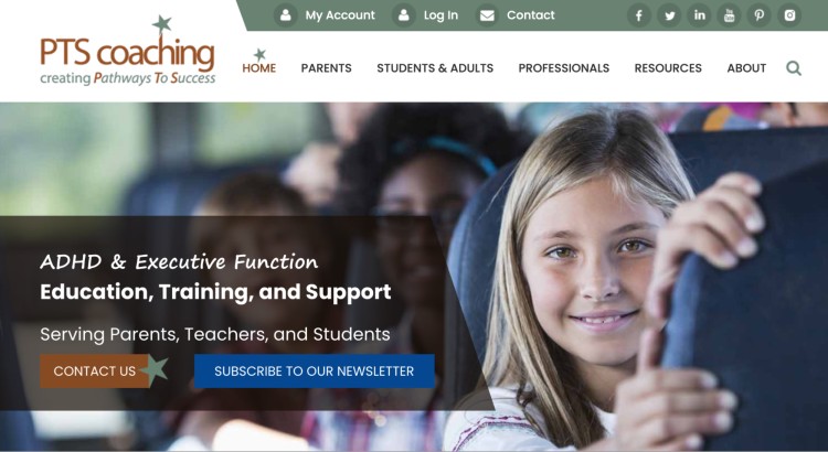 Website banner for PTS Coaching showing a smiling child on a school bus, highlighting ADHD and executive function support services that include parent training.
