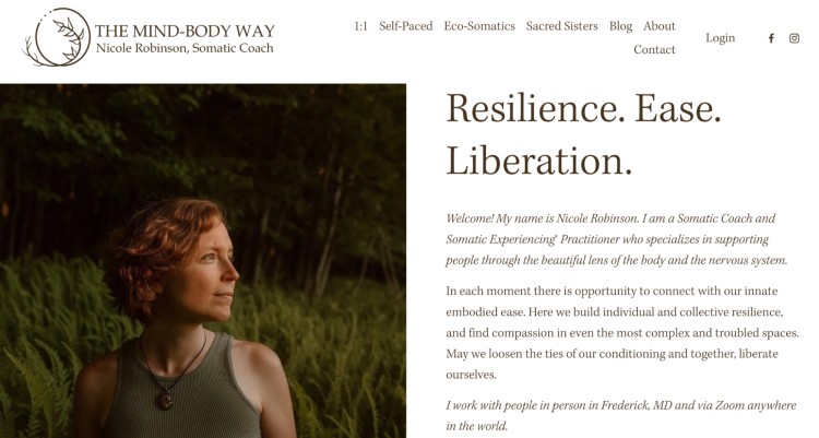 Homepage of a somatic coach introducing her approach to resilience, ease, and liberation, showing how her work supports clients and reflects a heart-centered coaching business.