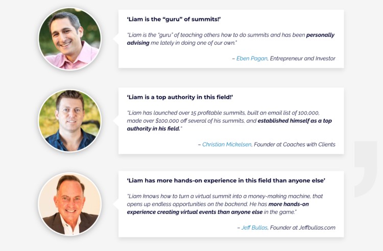 Three client testimonials praising Liam Austin’s expertise in virtual event success, featuring endorsements from Eben Pagan, Christian Mickelsen, and Jeff Bullas.