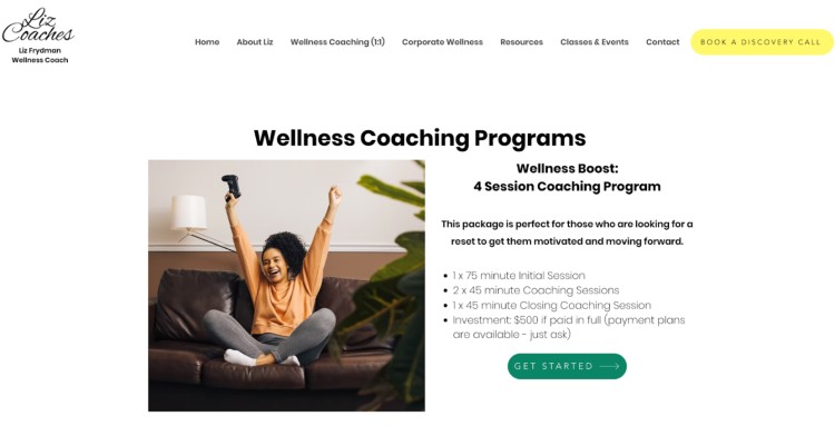 Screenshot of Liz Frydman’s wellness coaching training program page outlining a 4-session Wellness Boost package for clients.