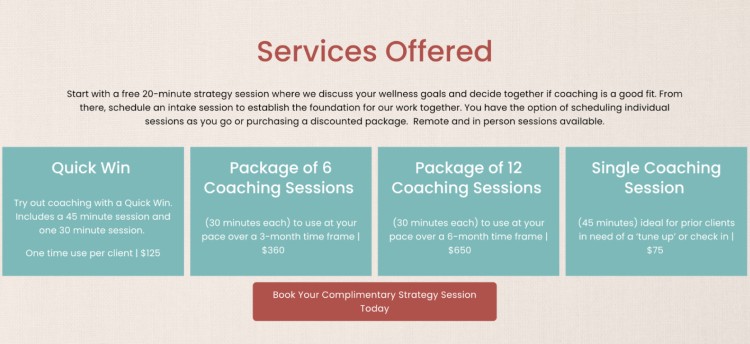 Overview of wellness-focused coaching packages including quick wins, multi-session bundles, and single coaching options for clients.