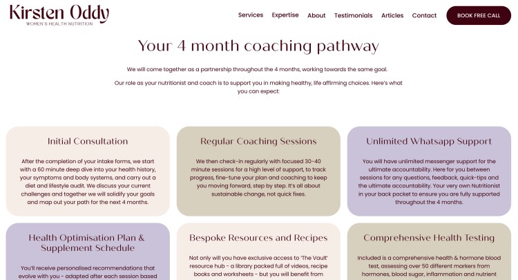 Four-month health coaching pathway designed to support women with personalized nutrition guidance, coaching sessions, and ongoing wellbeing support.