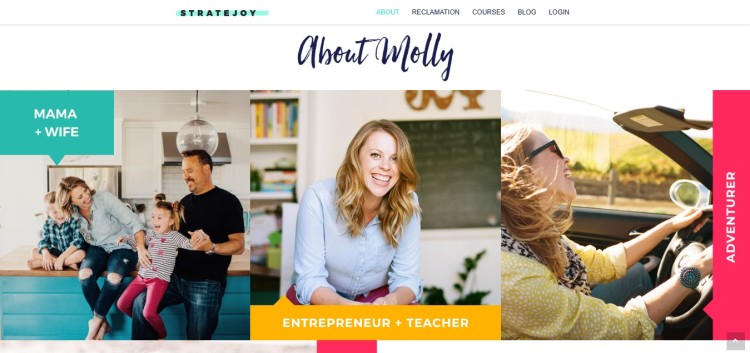 About Molly page from Stratejoy showing family, entrepreneurship, and lifestyle moments, inviting visitors to get inspired by her journey as a coach, teacher, and business owner.