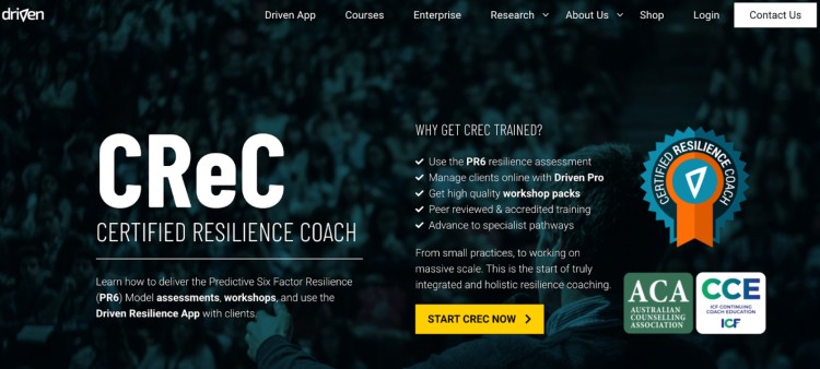 Website banner for a Certified Resilience Coach program showing training benefits and accreditation, highlighting how coaches can help clients reach their full potential.