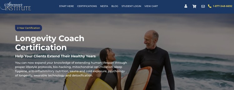 Longevity coach certification program page showing how professionals can certify as longevity coaches to help clients extend healthy years.