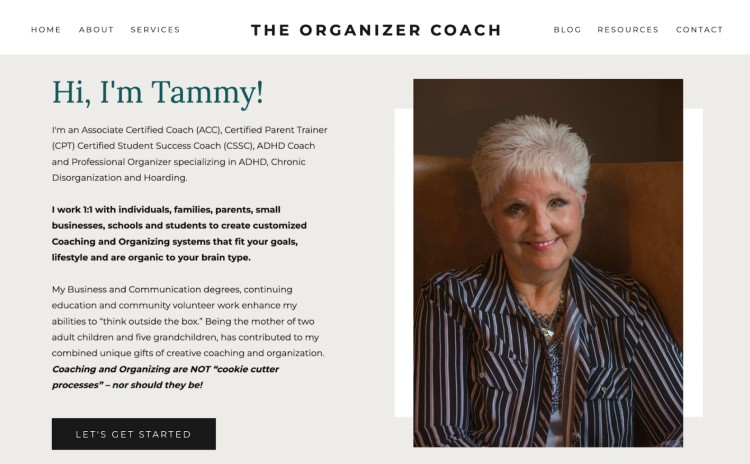 Professional organizer coach Tammy smiling in her office, showing how she helps individuals and families organize their lives effectively.