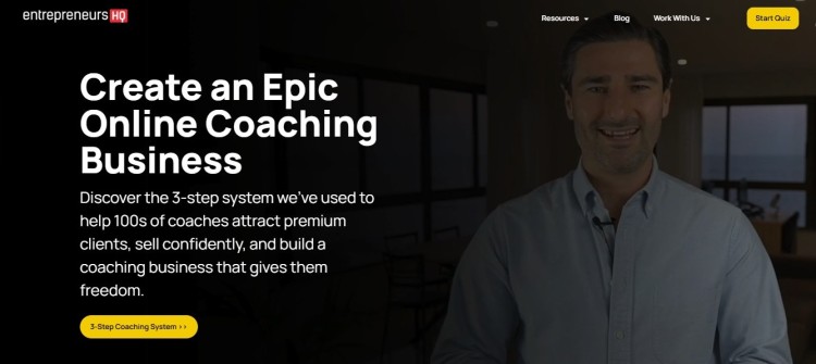 Entrepreneurs HQ homepage featuring Liam Austin, showcasing how coaches can build an amazing website to attract premium clients and grow an online coaching business.
