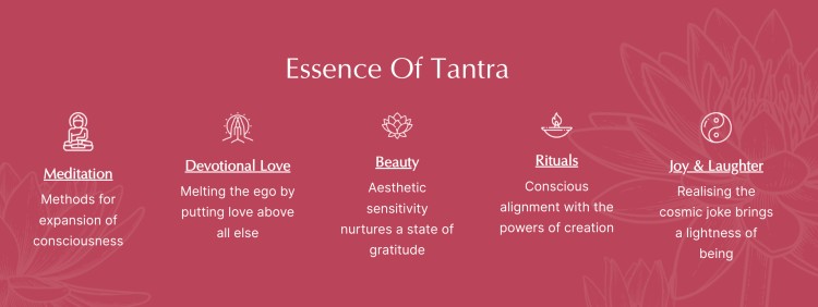Essence of Tantra teaching showing core principles including meditation, devotional love, beauty, rituals, and joy as part of spiritual teaching.