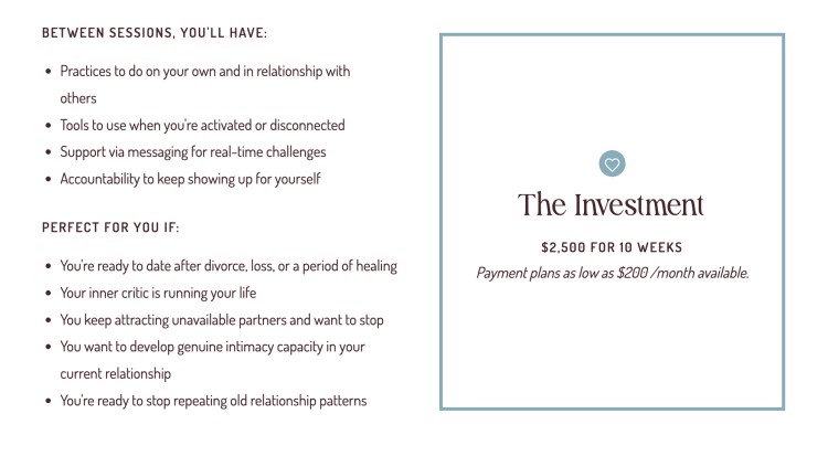 Explore an intimacy coaching investment offer outlining session support, accountability, relationship practices, and pricing for personal growth.