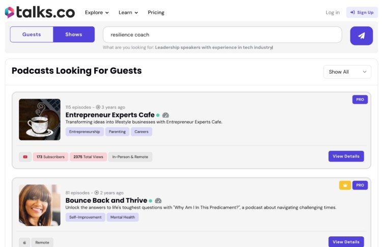 Screenshot of Talks.co showing podcasts looking for guests after searching for resilience coach, helping users with finding right resilience coach opportunities for interviews.