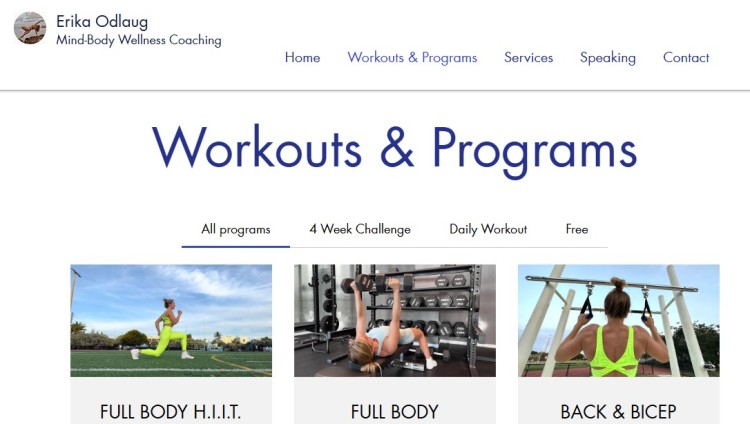 Fitness coach website example showing a workouts and programs page with full body, HIIT, and strength training options.
