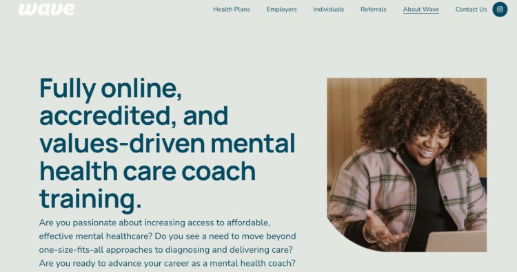 Website banner promoting fully accredited online mental health care coach training with a values-driven and accessible learning approach.
