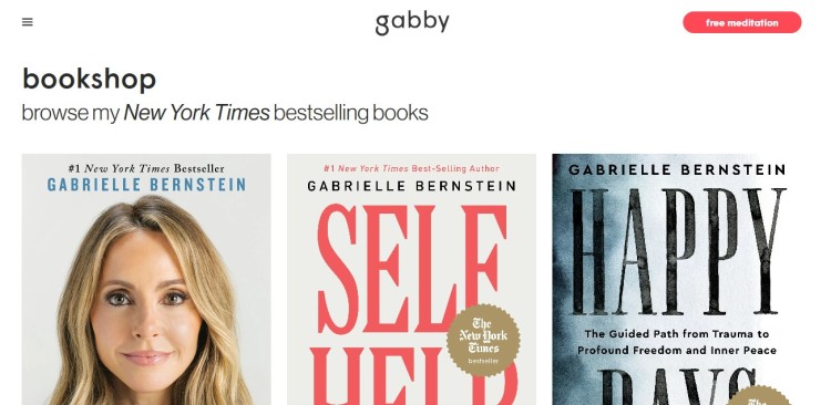 Gabby bookshop page showcasing New York Times bestselling self-help books, providing free resources and inspiration through guided personal growth content.