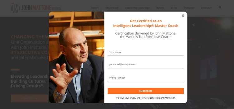 Popup on John Mattone’s executive coaching site where the website effectively showcases an Intelligent Leadership Master Coach certification signup form.