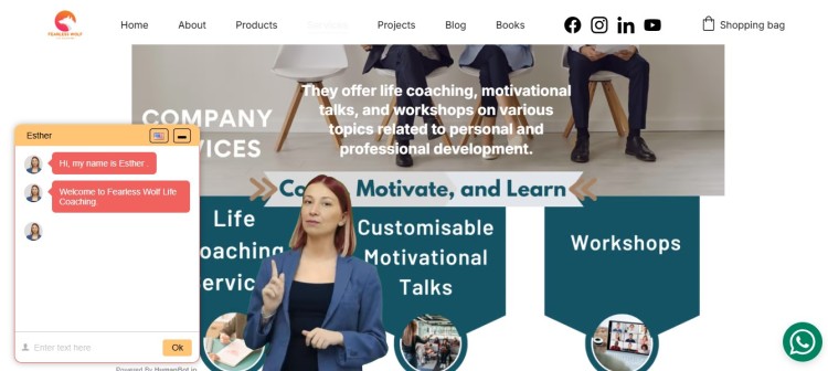 Life coaching business homepage showcasing coaching website offers, including life coaching services, customizable motivational talks, and professional workshops.
