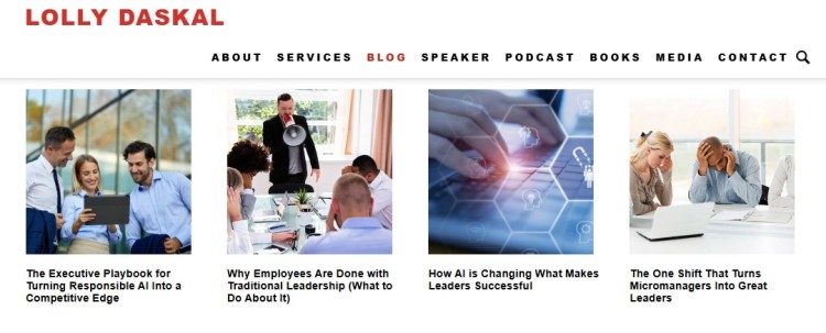 Lolly Daskal leadership blog homepage displayed on a minimalist website, featuring clean article previews focused on leadership, AI, and management topics.