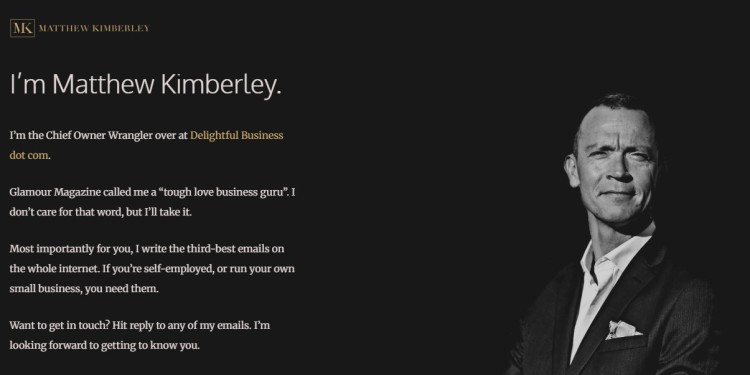 Matthew Kimberley featured on his personal website, presenting a bold introduction to his work as a business coach and writer for self-employed professionals.