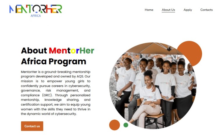 About MentorHer Africa Program page with a group of young women, presenting an easy to understand overview of the mentorship mission and career support for girls in cybersecurity.