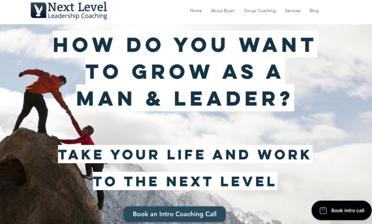 Homepage of Next Level Leadership Coaching showing two men climbing a mountain, symbolizing growth and leadership skills development.