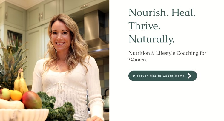 Woman offering nutrition and lifestyle coaching for women, standing in a kitchen with fresh fruits and vegetables to represent healthy habits.