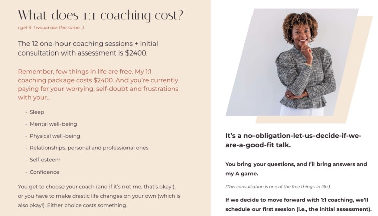 Coach standing confidently beside pricing details for 1-on-1 coaching, highlighting how the program can transform sleep, well-being, relationships, and confidence.