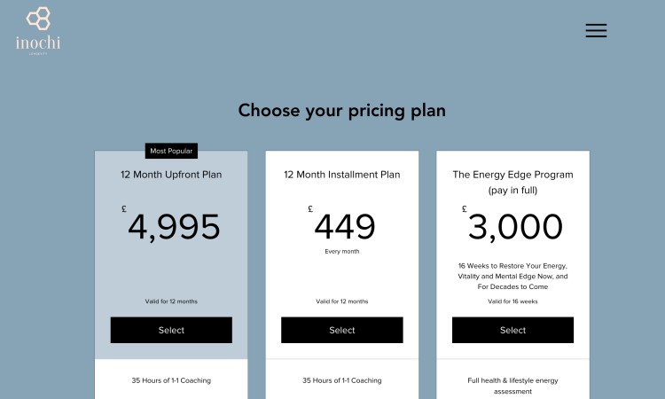 Longevity coaching pricing plans page showing options designed to personalize coaching through upfront, installment, and intensive program choices.