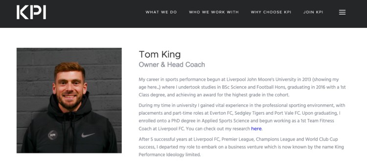 Profession profile of Tom King, owner and head coach of KPI, shown on a sports performance website
