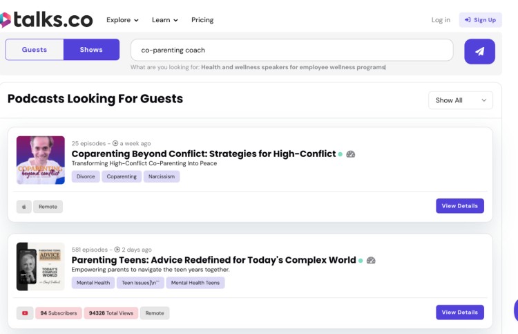 Talks.co platform showing a professional podcast guest search for co-parenting coaches and parenting experts looking to appear on podcasts.