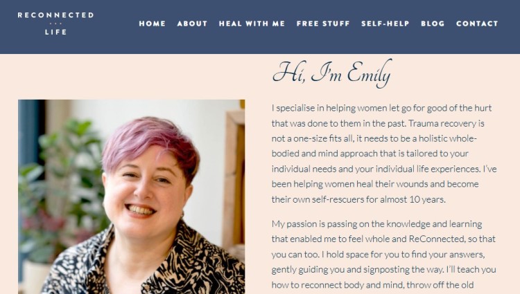 Emily smiling on her Reconnected Life coach website, introducing her trauma recovery and holistic healing approach for women.