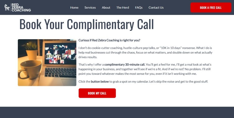 Red Zebra Coaching website section promoting a complimentary strategy call, showcasing clear website offers for business owners who want focused coaching support.