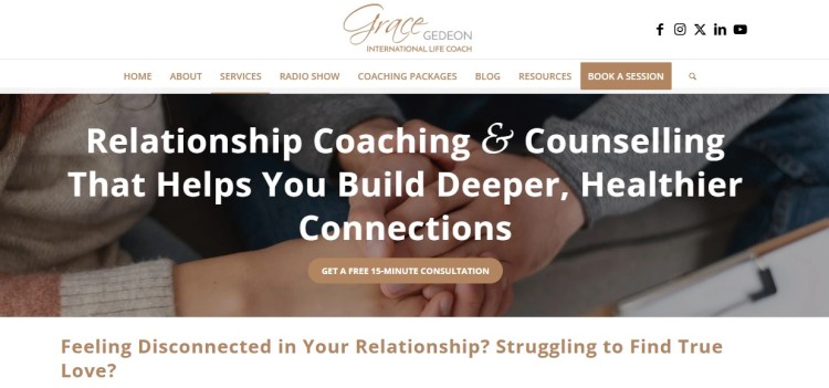 Relationship coaching homepage showing good design and strong messaging that highlights trust, emotional connection, and professional counselling services.
