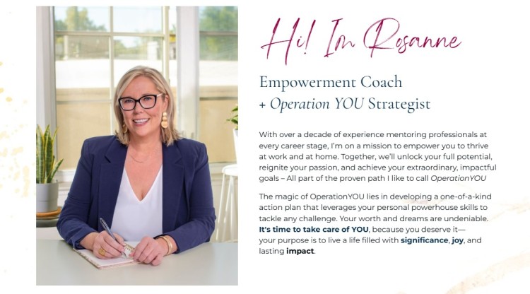 Rosanne, an empowerment coach, seated at a desk on a website effectively showcases her role as an Operation YOU strategist and mentor for professionals.