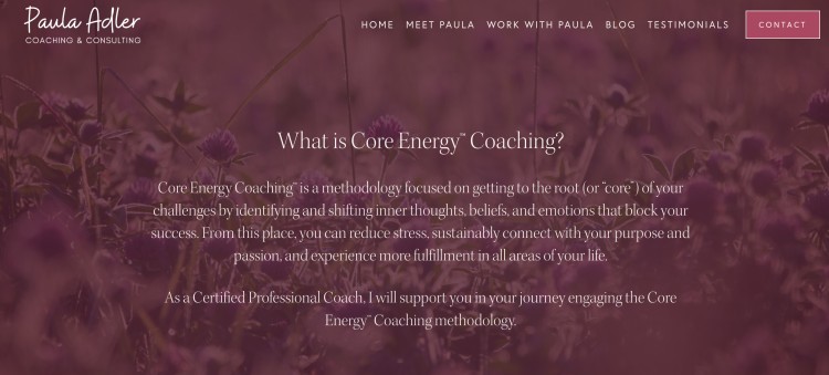 Specialize in Core Energy Coaching with a coaching website explaining Paula Adler’s method for identifying and shifting inner beliefs and emotions.