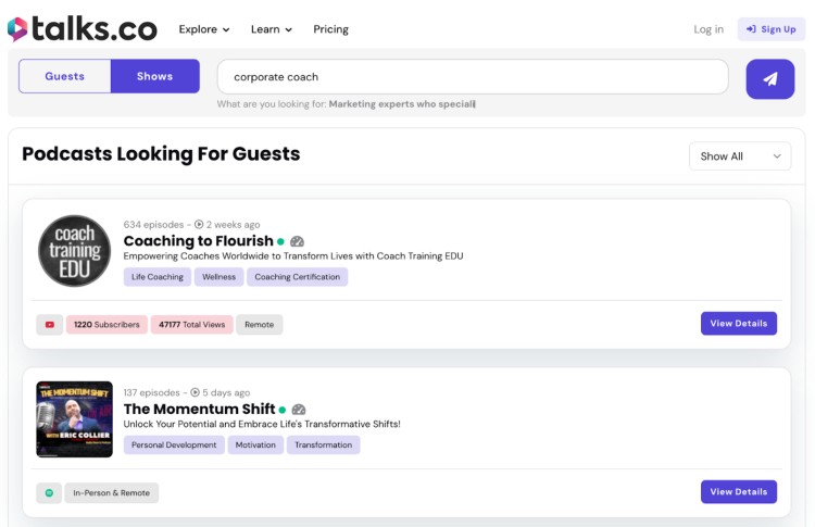 Screenshot of Talks.co showing podcasts looking for guests, featuring search results for the term corporate coach and highlighting shows seeking coaching experts.